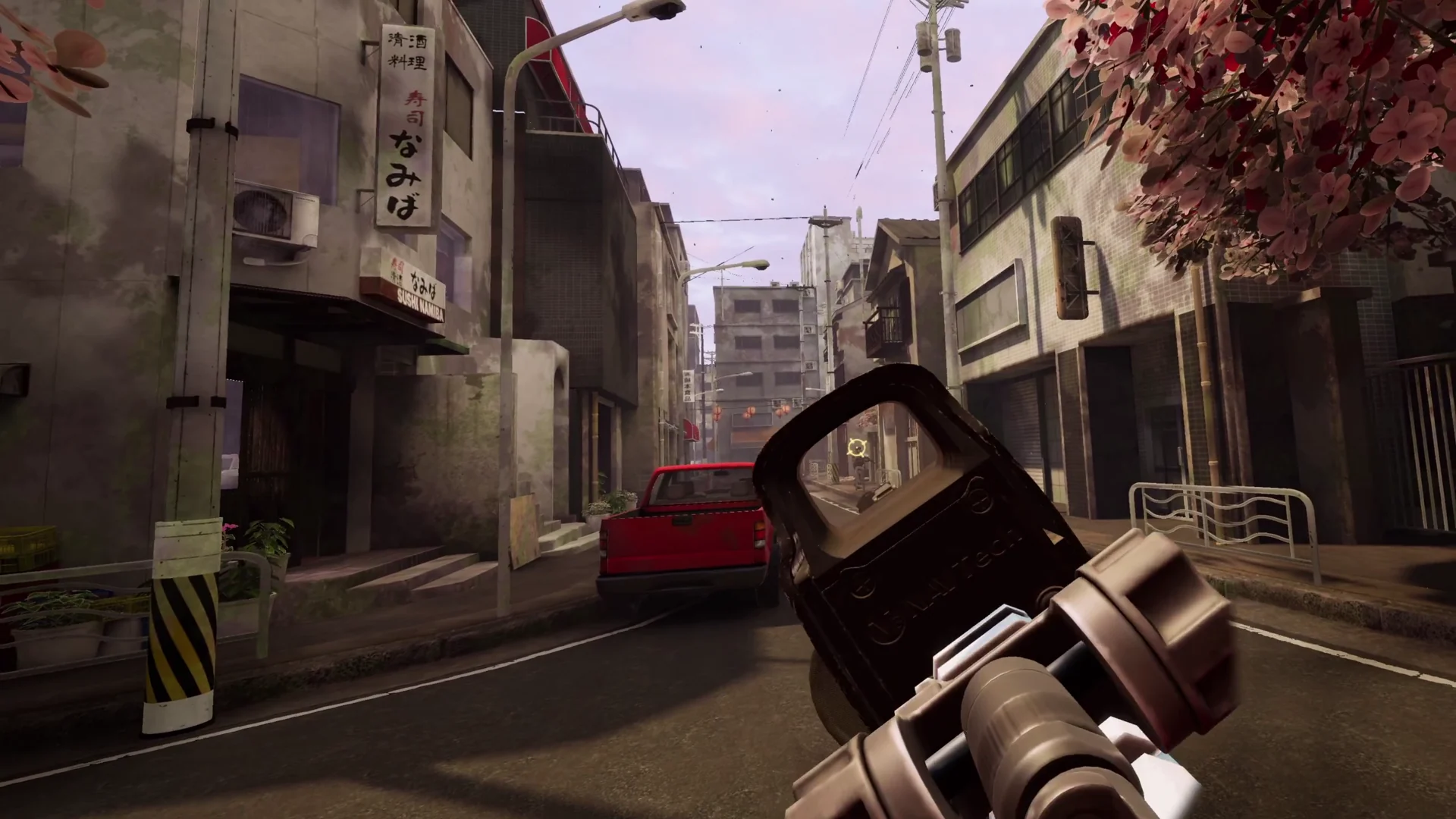 A rifle raised on a dense city street in Five Five Six