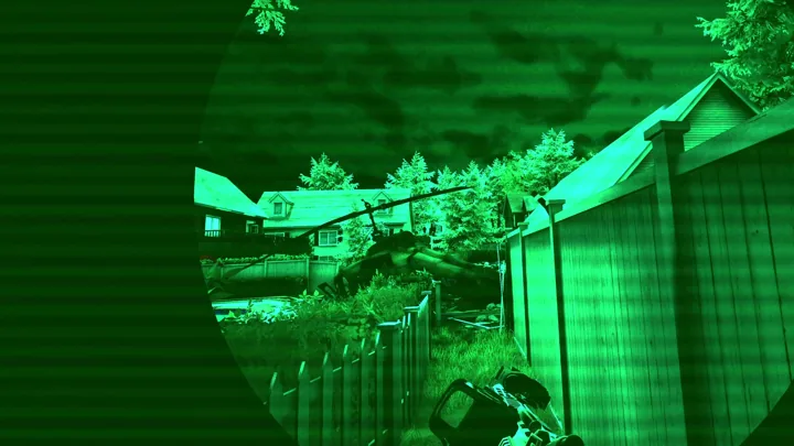 A courtyard seen through green night vision